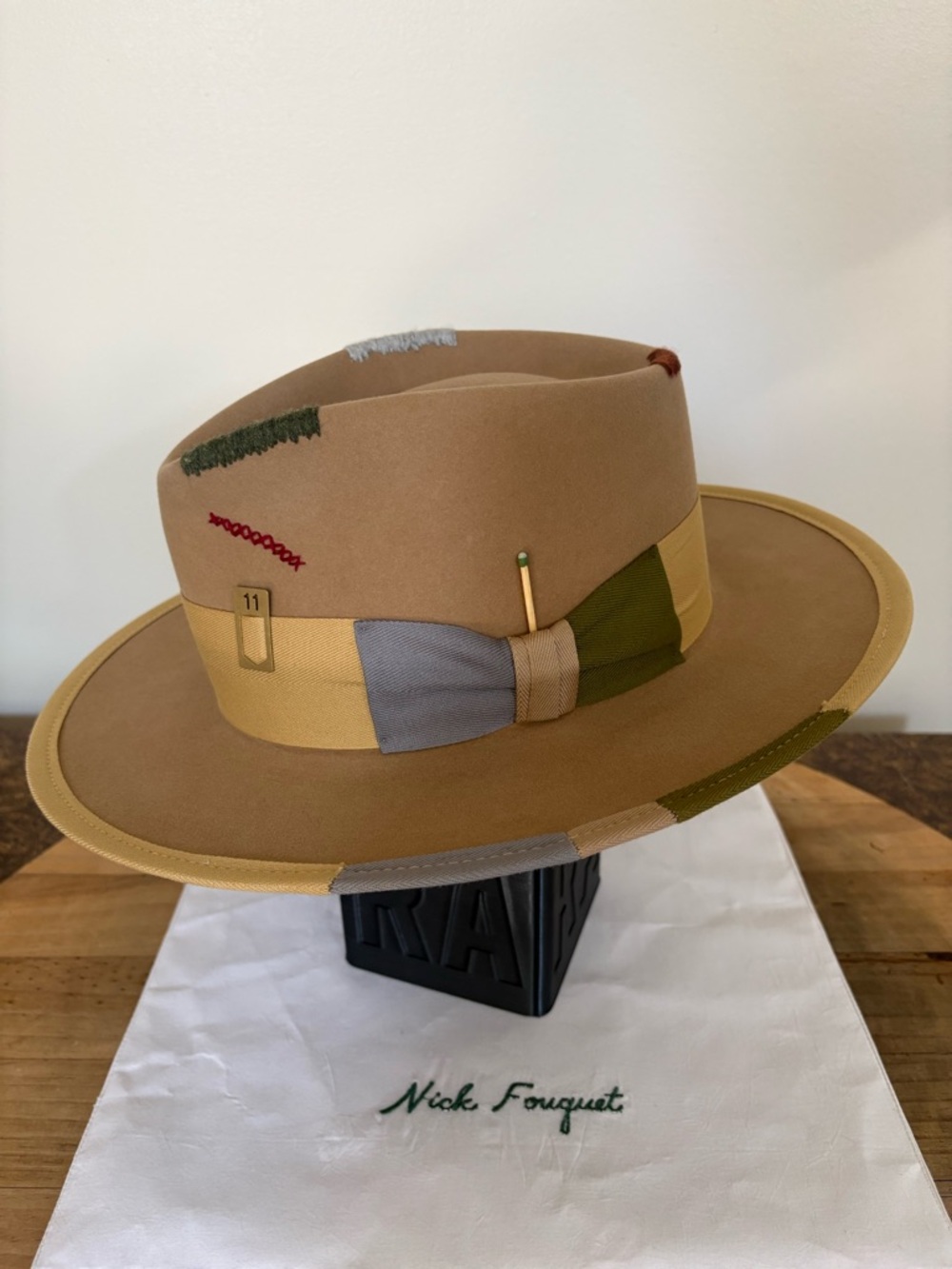 Nick Fouquet Tan Fedora with Multicolor Patchwork Band and brim